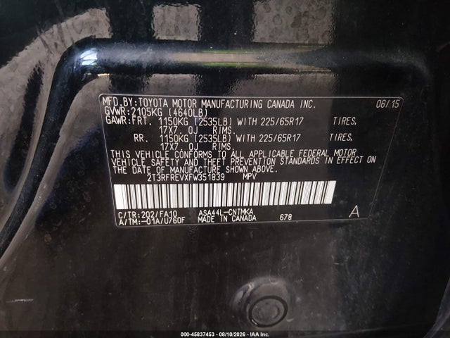 Продаж на аукціоні авто 2015 Toyota Rav4 Xle, vin: 2T3RFREVXFW351839, номер лоту: 45837453