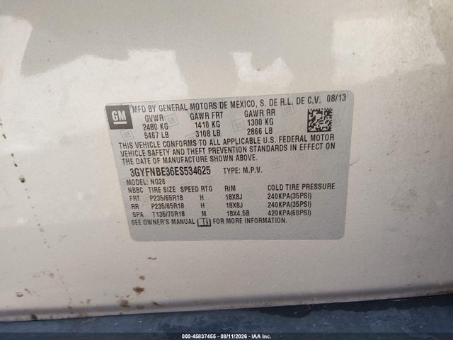 45837455 :رقم المزاد ، 3GYFNBE36ES534625 vin ، 2014 Cadillac Srx Luxury Collection مزاد بيع