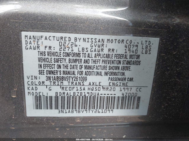 Aukcja sprzedaży 2026 Nissan Sentra S, vin: 3N1AB9BV9TY261099, numer aukcji: 45837466