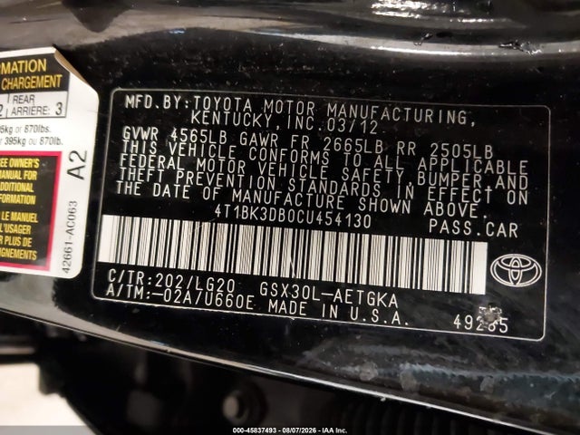 Aukcja sprzedaży 2012 Toyota Avalon, vin: 4T1BK3DB0CU454130, numer aukcji: 45837493