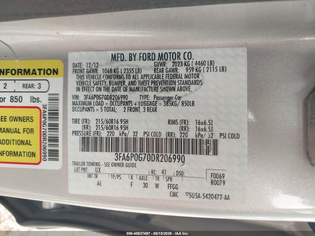 Auction sale of the 2013 Ford Fusion S, vin: 3FA6P0G70DR206990, lot number: 45837497