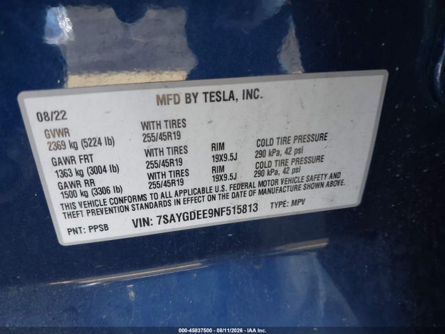 45837500 :رقم المزاد ، 7SAYGDEE9NF515813 vin ، 2022 Tesla Model Y Long Range Dual Motor All-wheel Drive مزاد بيع