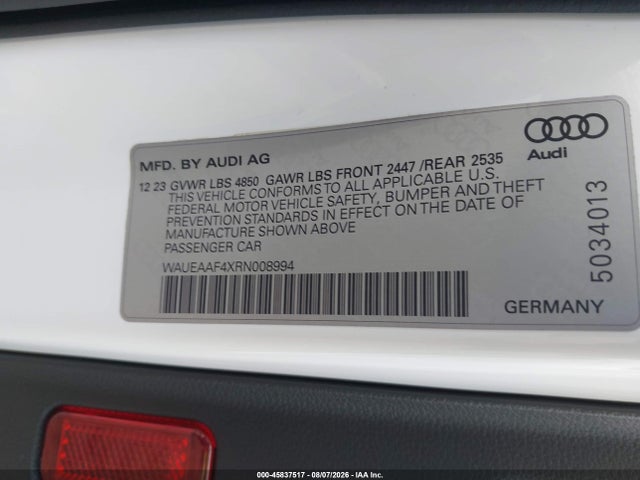 Продаж на аукціоні авто 2024 Audi A4 Premium Plus 45 Tfsi S Line Quattro S Tronic, vin: WAUEAAF4XRN008994, номер лоту: 45837517