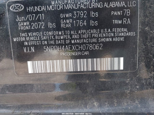 2012 Hyundai Elantra Gls მანქანა იყიდება აუქციონზე, vin: 5NPDH4AEXCH078062, აუქციონის ნომერი: 45837530