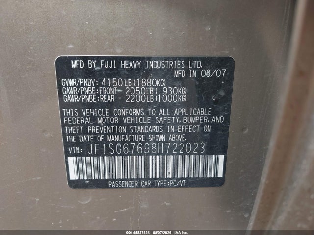 45837538 :رقم المزاد ، JF1SG67698H722023 vin ، 2008 Subaru Forester 2.5x L.l. Bean Edition مزاد بيع