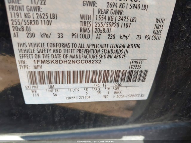 Продаж на аукціоні авто 2022 Ford Explorer Xlt, vin: 1FMSK8DH2NGC08232, номер лоту: 45837540
