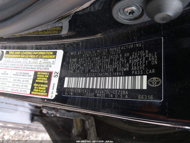 Продаж на аукціоні авто 2021 Toyota Camry Se, vin: 4T1G11AK5MU514843, номер лоту: 45837543
