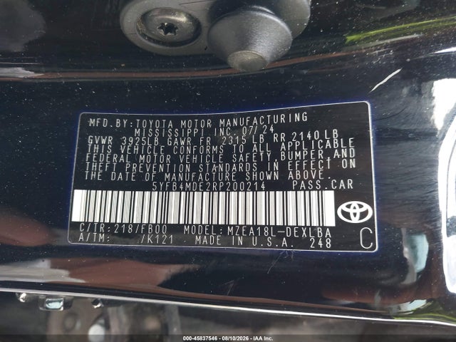 45837546 :رقم المزاد ، 5YFB4MDE2RP200214 vin ، 2024 Toyota Corolla Le مزاد بيع