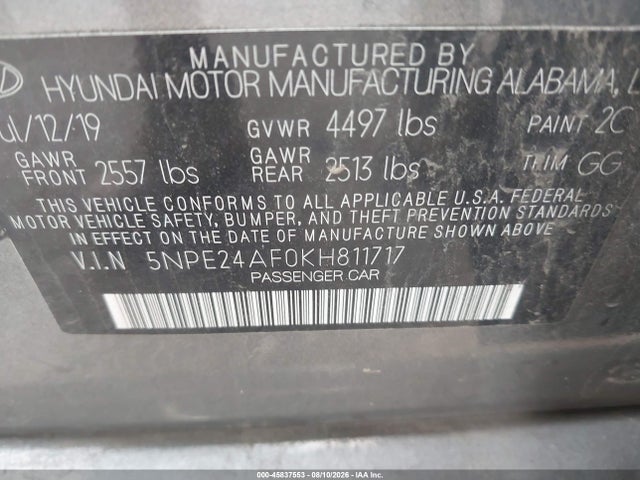 2019 Hyundai Sonata Se მანქანა იყიდება აუქციონზე, vin: 5NPE24AF0KH811717, აუქციონის ნომერი: 45837553