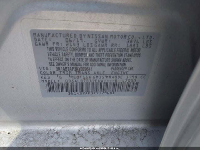 45837564 :رقم المزاد ، 3N1AB7AP3KY379641 vin ، 2019 Nissan Sentra S مزاد بيع