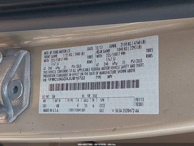 Aukcja sprzedaży 2018 Ford Escape Se, vin: 1FMCU9GDXJUB10722, numer aukcji: 45837588