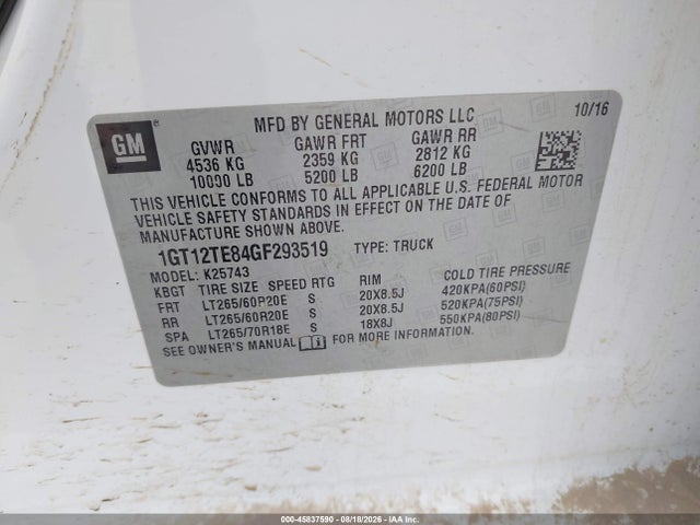 Продаж на аукціоні авто 2016 Gmc Sierra 2500hd Slt, vin: 1GT12TE84GF293519, номер лоту: 45837590