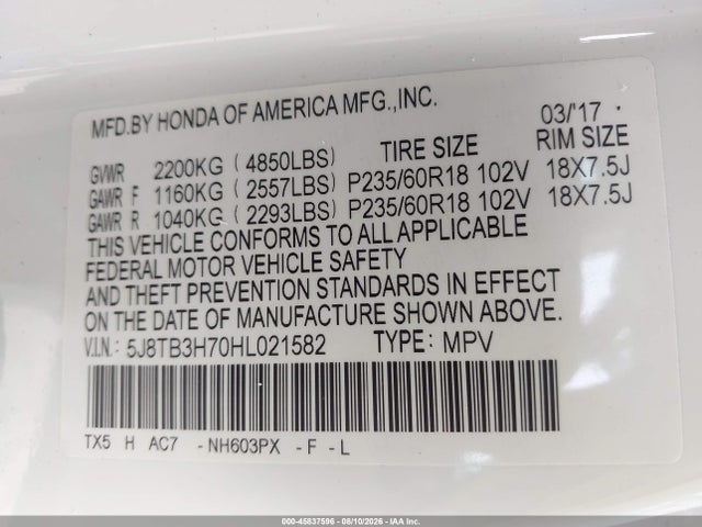 2017 Acura Rdx Advance Package მანქანა იყიდება აუქციონზე, vin: 5J8TB3H70HL021582, აუქციონის ნომერი: 45837596