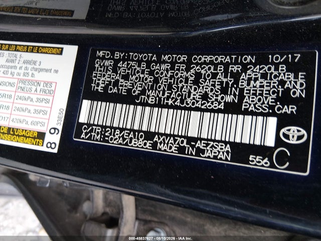 Продажа на аукционе авто 2018 Toyota Camry Se, vin: JTNB11HK4J3042684, номер лота: 45837627
