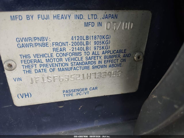 Aukcja sprzedaży 2001 Subaru Forester L, vin: JF1SF63521H733953, numer aukcji: 45837636