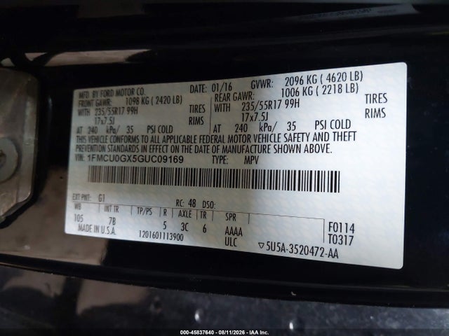 45837640 :رقم المزاد ، 1FMCU0GX5GUC09169 vin ، 2016 Ford Escape Se مزاد بيع