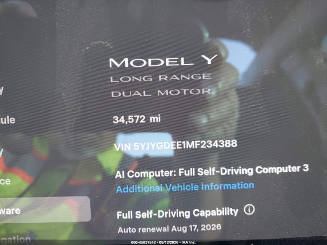 Auction sale of the 2021 Tesla Model Y Long Range Dual Motor All-wheel Drive, vin: 5YJYGDEE1MF234388, lot number: 45837642