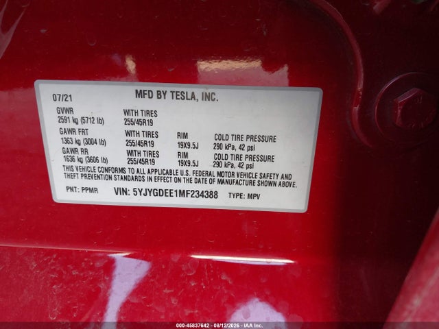 Auction sale of the 2021 Tesla Model Y Long Range Dual Motor All-wheel Drive, vin: 5YJYGDEE1MF234388, lot number: 45837642