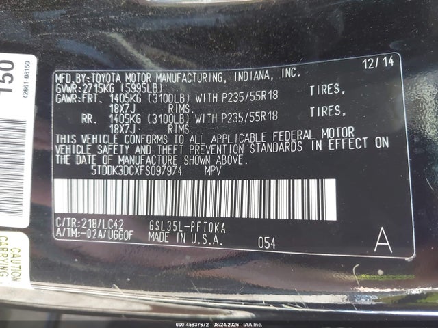 Toyota Sienna Xle 7 Passenger 2015 5TDDK3DCXFS097974 Image 9