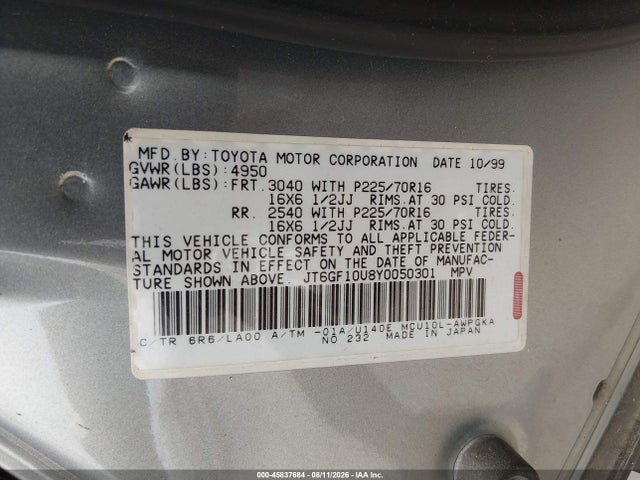 Продаж на аукціоні авто 2000 Lexus Rx 300, vin: JT6GF10U8Y0050301, номер лоту: 45837684