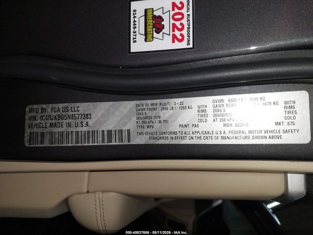 Продажа на аукционе авто 2022 Jeep Grand Cherokee L Limited 4x4, vin: 1C4RJKBG5N8577383, номер лота: 45837686
