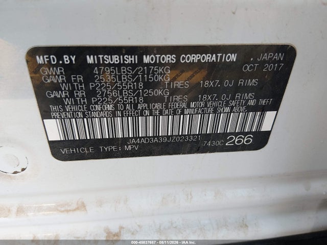 Aukcja sprzedaży 2018 Mitsubishi Outlander Se, vin: JA4AD3A39JZ023321, numer aukcji: 45837687