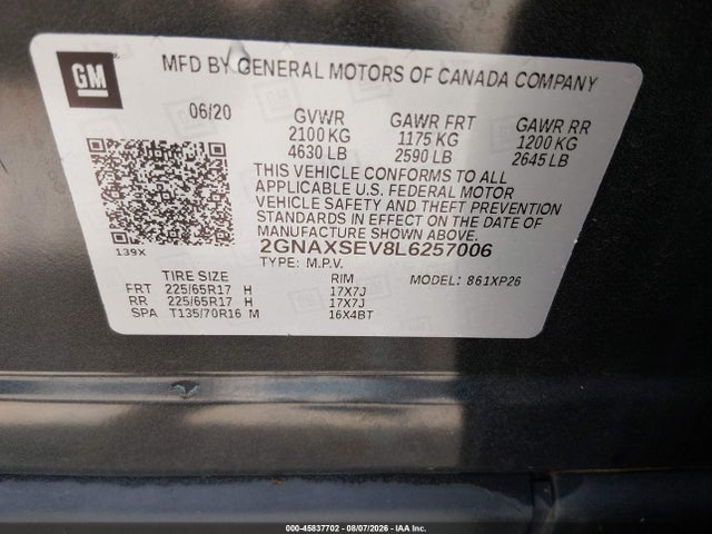 45837702 :رقم المزاد ، 2GNAXSEV8L6257006 vin ، 2020 Chevrolet Equinox Awd Ls مزاد بيع
