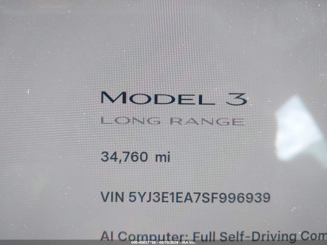 2025 Tesla Model 3 Long Range Rear-wheel Drive/standard Rear-wheel Drive მანქანა იყიდება აუქციონზე, vin: 5YJ3E1EA7SF996939, აუქციონის ნომერი: 45837706