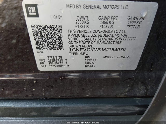 Продаж на аукціоні авто 2021 Chevrolet Traverse Awd Lt Cloth, vin: 1GNEVGKW9MJ154070, номер лоту: 45837708
