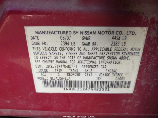 2007 Nissan Altima 3.5 Se მანქანა იყიდება აუქციონზე, vin: 1N4BL21E47N482531, აუქციონის ნომერი: 45837709