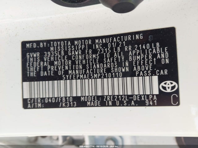 2021 Toyota Corolla Le მანქანა იყიდება აუქციონზე, vin: 5YFEPMAE5MP210110, აუქციონის ნომერი: 45837714