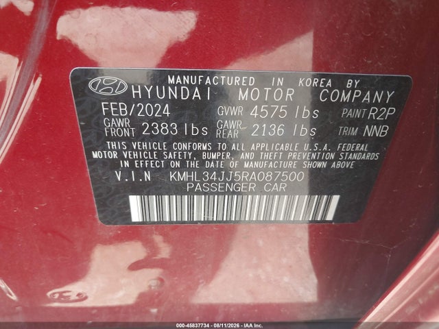 2024 Hyundai Sonata Hybrid Sel მანქანა იყიდება აუქციონზე, vin: KMHL34JJ5RA087500, აუქციონის ნომერი: 45837734