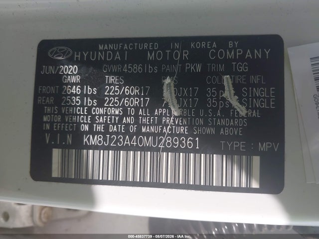 45837739 :رقم المزاد ، KM8J23A40MU289361 vin ، 2021 Hyundai Tucson Se مزاد بيع