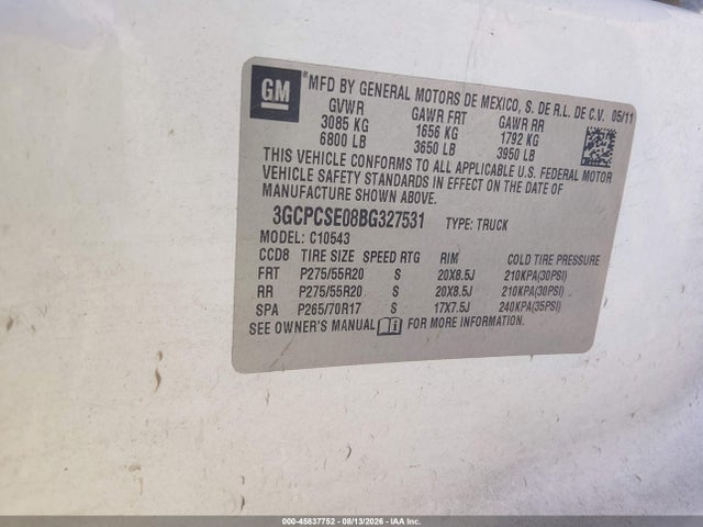 45837752 :رقم المزاد ، 3GCPCSE08BG327531 vin ، 2011 Chevrolet Silverado 1500 Lt مزاد بيع