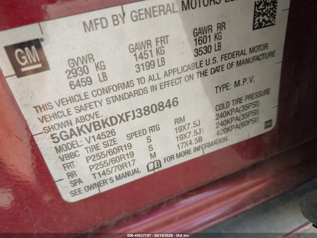 Aukcja sprzedaży 2015 Buick Enclave Leather, vin: 5GAKVBKDXFJ380846, numer aukcji: 45837757