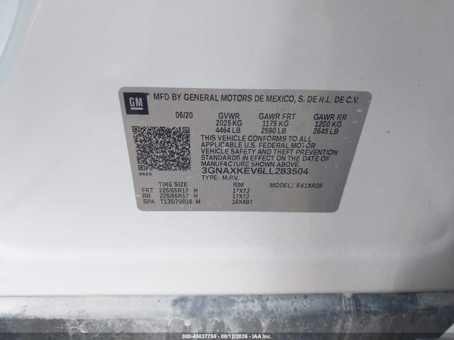45837758 :رقم المزاد ، 3GNAXKEV6LL283504 vin ، 2020 Chevrolet Equinox Fwd Lt 1.5l Turbo مزاد بيع