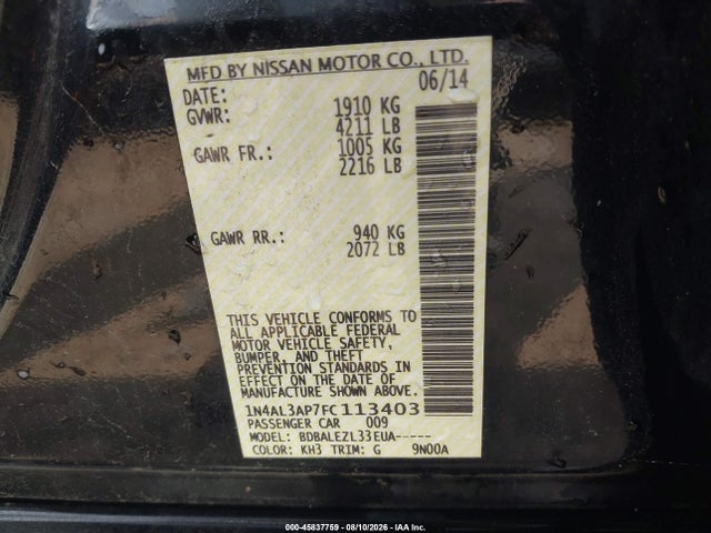 Продажа на аукционе авто 2015 Nissan Altima 2.5 S, vin: 1N4AL3AP7FC113403, номер лота: 45837759
