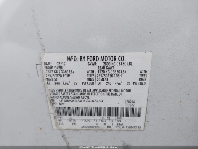 Продаж на аукціоні авто 2017 Ford Explorer Xlt, vin: 1FM5K8D8XHGC47233, номер лоту: 45837779