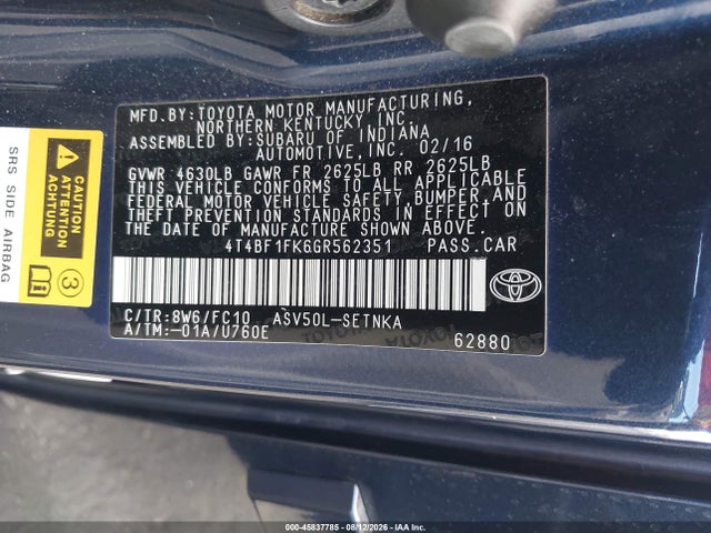 45837785 :رقم المزاد ، 4T4BF1FK6GR562351 vin ، 2016 Toyota Camry Le مزاد بيع