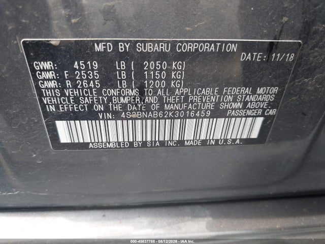 45837788 :رقم المزاد ، 4S3BNAB62K3016459 vin ، 2019 Subaru Legacy 2.5i مزاد بيع
