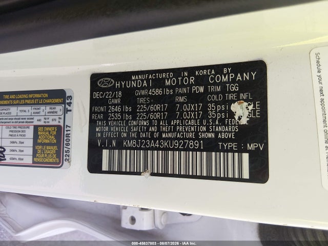 45837803 :رقم المزاد ، KM8J23A43KU927891 vin ، 2019 Hyundai Tucson Se مزاد بيع