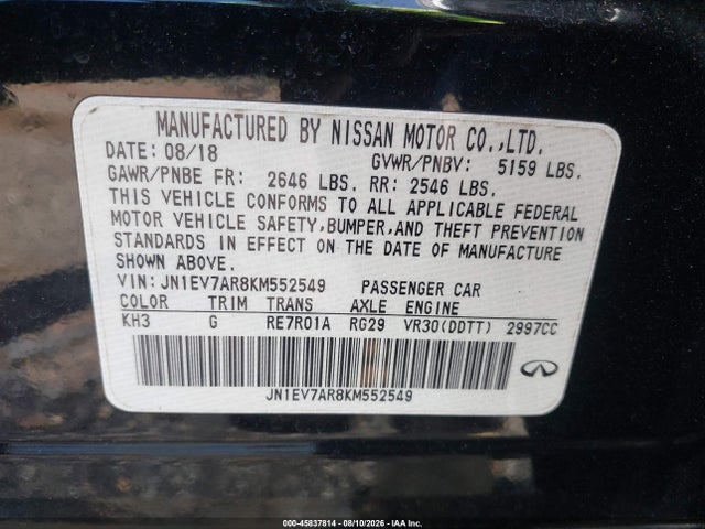 Продаж на аукціоні авто 2019 Infiniti Q50 3.0t Luxe, vin: JN1EV7AR8KM552549, номер лоту: 45837814