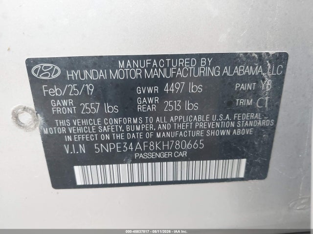 Aukcja sprzedaży 2019 Hyundai Sonata Sport, vin: 5NPE34AF8KH780665, numer aukcji: 45837817