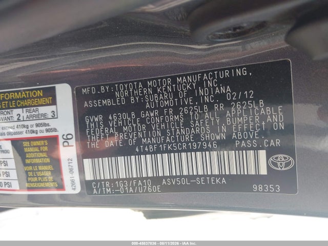 Продажа на аукционе авто 2012 Toyota Camry L, vin: 4T4BF1FK5CR197946, номер лота: 45837836