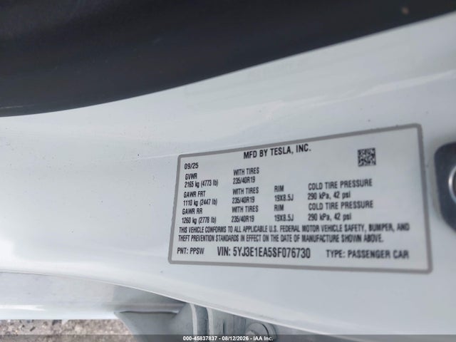2025 Tesla Model 3 Long Range Rear-wheel Drive/standard Rear-wheel Drive მანქანა იყიდება აუქციონზე, vin: 5YJ3E1EA5SF076730, აუქციონის ნომერი: 45837837