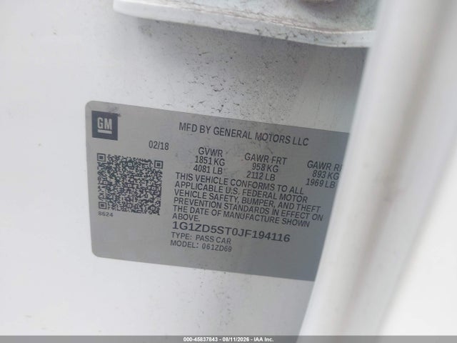 Продаж на аукціоні авто 2018 Chevrolet Malibu Lt, vin: 1G1ZD5ST0JF194116, номер лоту: 45837843