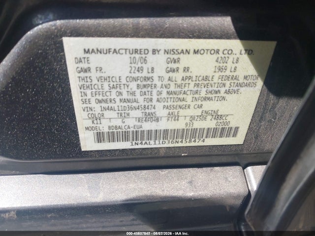 Продажа на аукционе авто 2006 Nissan Altima 2.5 S, vin: 1N4AL11D36N458474, номер лота: 45837847