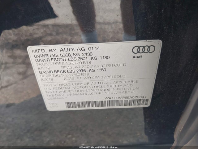 Продаж на аукціоні авто 2014 Audi Q5 2.0t Premium, vin: WA1LFAFP6EA078641, номер лоту: 45837864