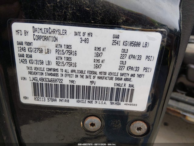Aukcja sprzedaży 2003 Jeep Liberty Sport, vin: 1J4GL48K63W660722, numer aukcji: 45837875
