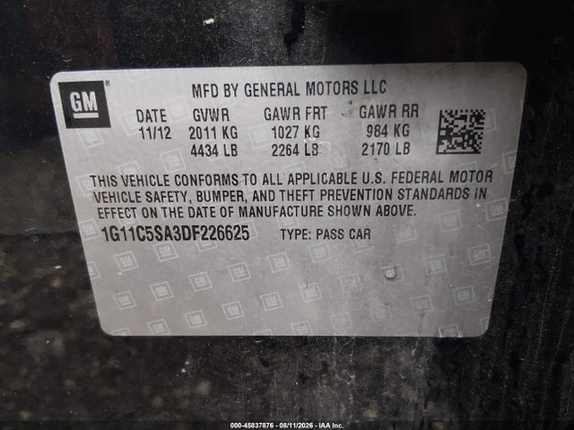 Продаж на аукціоні авто 2013 Chevrolet Malibu 1lt, vin: 1G11C5SA3DF226625, номер лоту: 45837876
